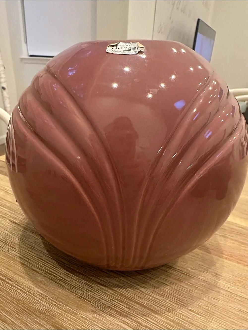 Vintage Royal Haeger Art Deco Fan Embossed Rose Dusty Mauve Oval Globe Vase 8
